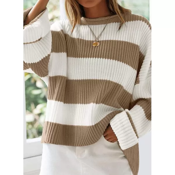 imageZESICA Womens Long Sleeve Crew Neck Striped Color Block Comfy Loose Oversized Knitted Pullover SweaterLightkhaki