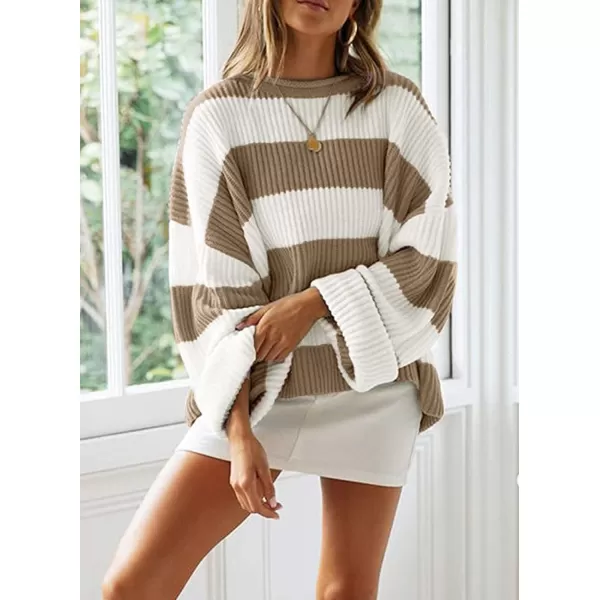 imageZESICA Womens Long Sleeve Crew Neck Striped Color Block Comfy Loose Oversized Knitted Pullover SweaterLightkhaki