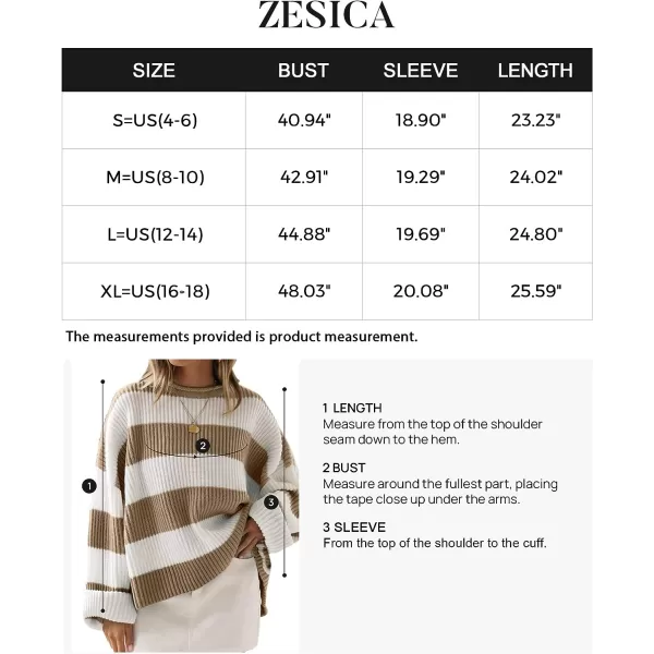 imageZESICA Womens Long Sleeve Crew Neck Striped Color Block Comfy Loose Oversized Knitted Pullover SweaterLightkhaki