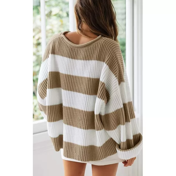 imageZESICA Womens Long Sleeve Crew Neck Striped Color Block Comfy Loose Oversized Knitted Pullover SweaterLightkhaki