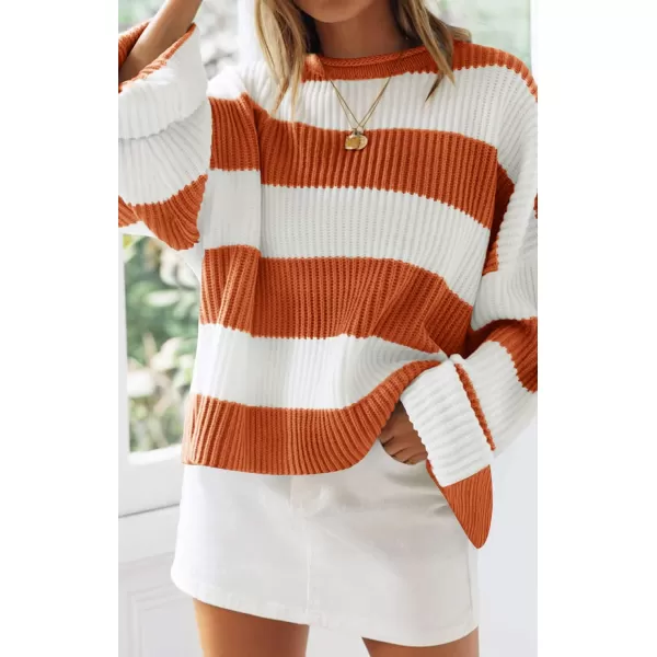 imageZESICA Womens Long Sleeve Crew Neck Striped Color Block Comfy Loose Oversized Knitted Pullover SweaterOrange