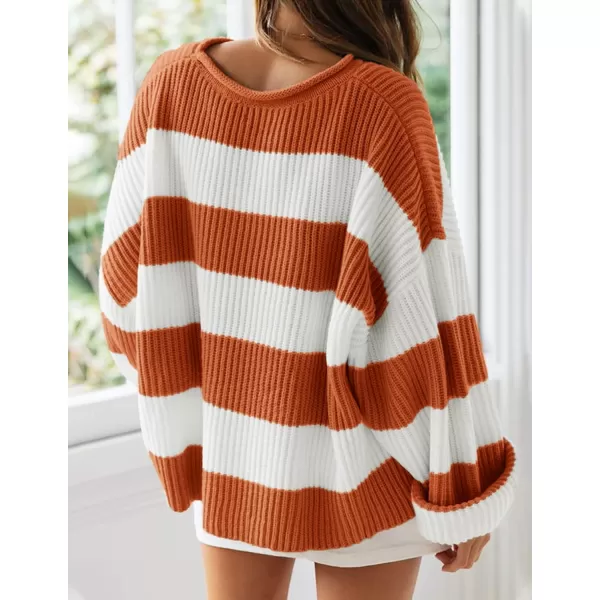 imageZESICA Womens Long Sleeve Crew Neck Striped Color Block Comfy Loose Oversized Knitted Pullover SweaterOrange