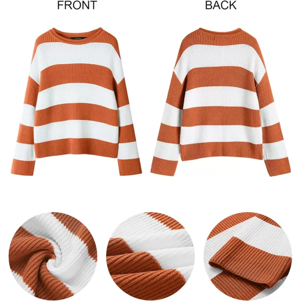 imageZESICA Womens Long Sleeve Crew Neck Striped Color Block Comfy Loose Oversized Knitted Pullover SweaterOrange