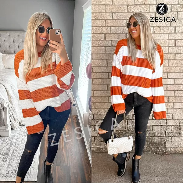 imageZESICA Womens Long Sleeve Crew Neck Striped Color Block Comfy Loose Oversized Knitted Pullover SweaterOrange
