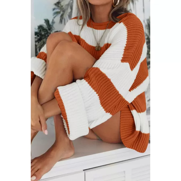 imageZESICA Womens Long Sleeve Crew Neck Striped Color Block Comfy Loose Oversized Knitted Pullover SweaterOrange