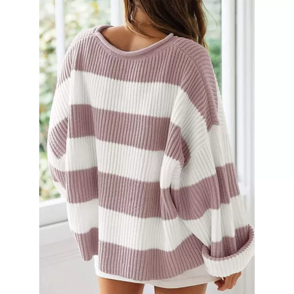 imageZESICA Womens Long Sleeve Crew Neck Striped Color Block Comfy Loose Oversized Knitted Pullover SweaterPink