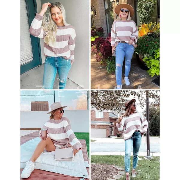 imageZESICA Womens Long Sleeve Crew Neck Striped Color Block Comfy Loose Oversized Knitted Pullover SweaterPink