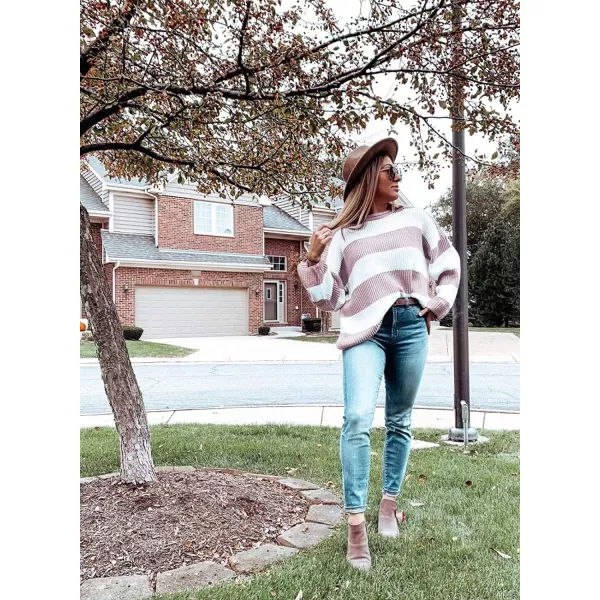imageZESICA Womens Long Sleeve Crew Neck Striped Color Block Comfy Loose Oversized Knitted Pullover SweaterPink