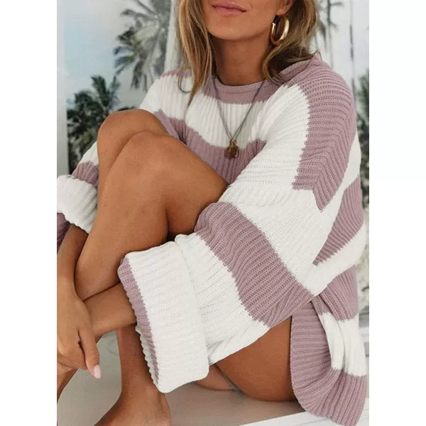 imageZESICA Womens Long Sleeve Crew Neck Striped Color Block Comfy Loose Oversized Knitted Pullover SweaterPink