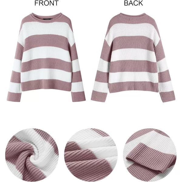 imageZESICA Womens Long Sleeve Crew Neck Striped Color Block Comfy Loose Oversized Knitted Pullover SweaterPink