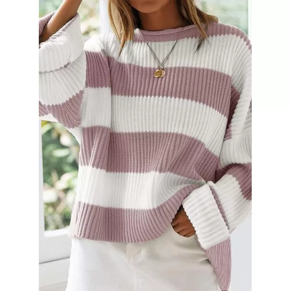 imageZESICA Womens Long Sleeve Crew Neck Striped Color Block Comfy Loose Oversized Knitted Pullover SweaterPink