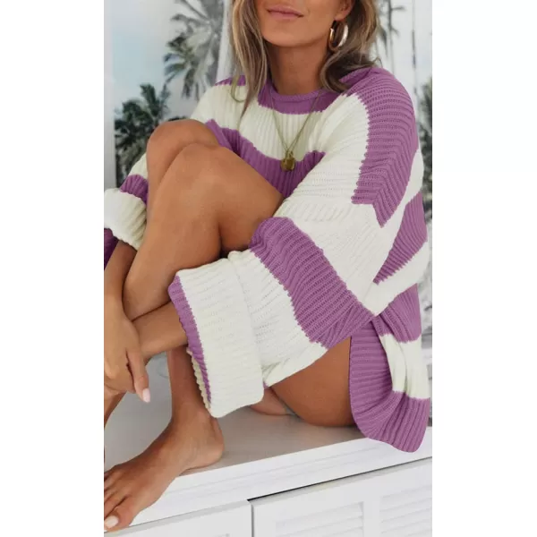imageZESICA Womens Long Sleeve Crew Neck Striped Color Block Comfy Loose Oversized Knitted Pullover SweaterPurple