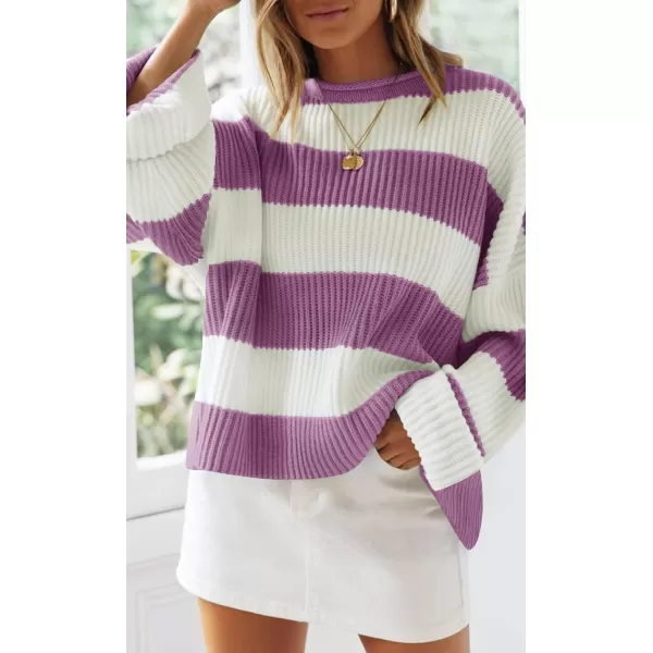 imageZESICA Womens Long Sleeve Crew Neck Striped Color Block Comfy Loose Oversized Knitted Pullover SweaterPurple
