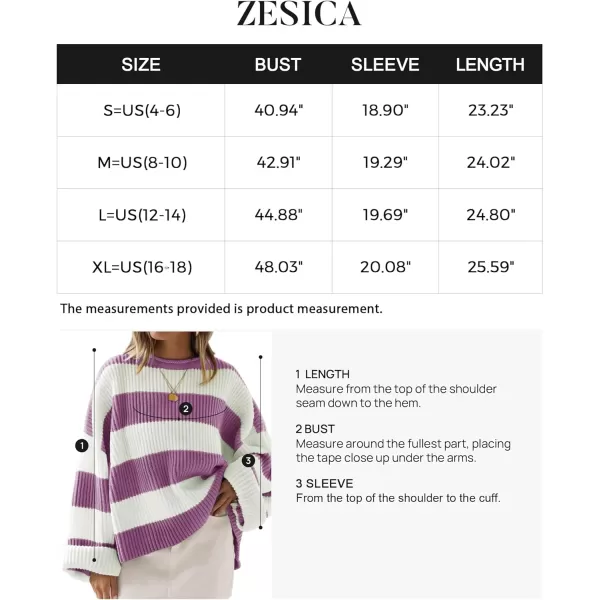 imageZESICA Womens Long Sleeve Crew Neck Striped Color Block Comfy Loose Oversized Knitted Pullover SweaterPurple