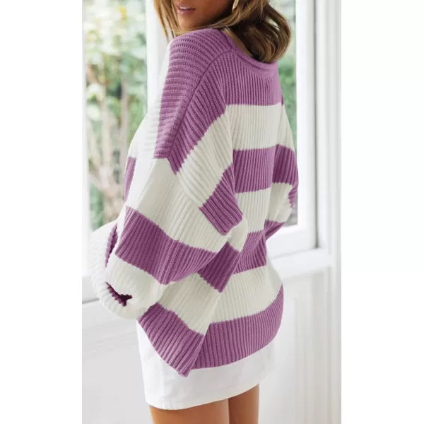 imageZESICA Womens Long Sleeve Crew Neck Striped Color Block Comfy Loose Oversized Knitted Pullover SweaterPurple