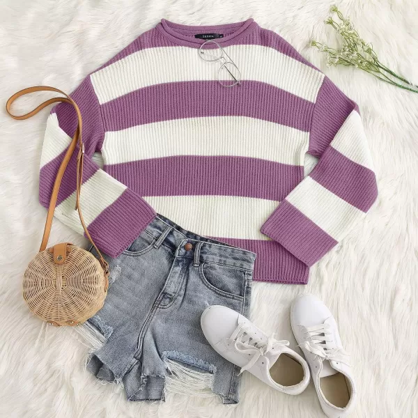 imageZESICA Womens Long Sleeve Crew Neck Striped Color Block Comfy Loose Oversized Knitted Pullover SweaterPurple