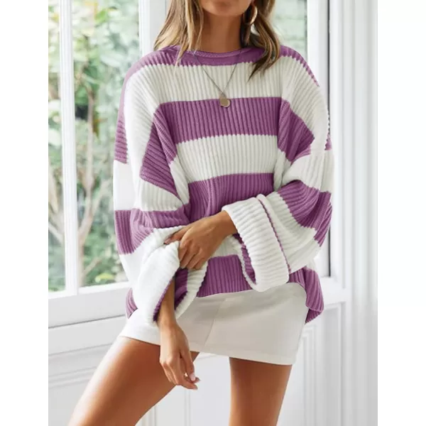 imageZESICA Womens Long Sleeve Crew Neck Striped Color Block Comfy Loose Oversized Knitted Pullover SweaterPurple