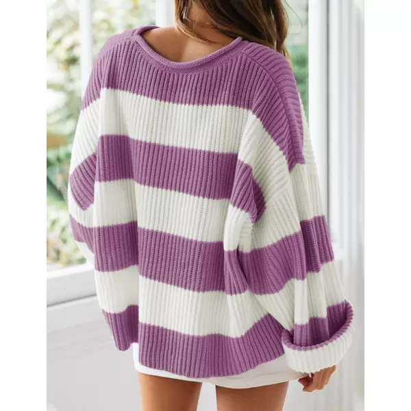 imageZESICA Womens Long Sleeve Crew Neck Striped Color Block Comfy Loose Oversized Knitted Pullover SweaterPurple