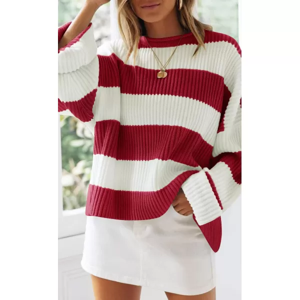 imageZESICA Womens Long Sleeve Crew Neck Striped Color Block Comfy Loose Oversized Knitted Pullover SweaterRed