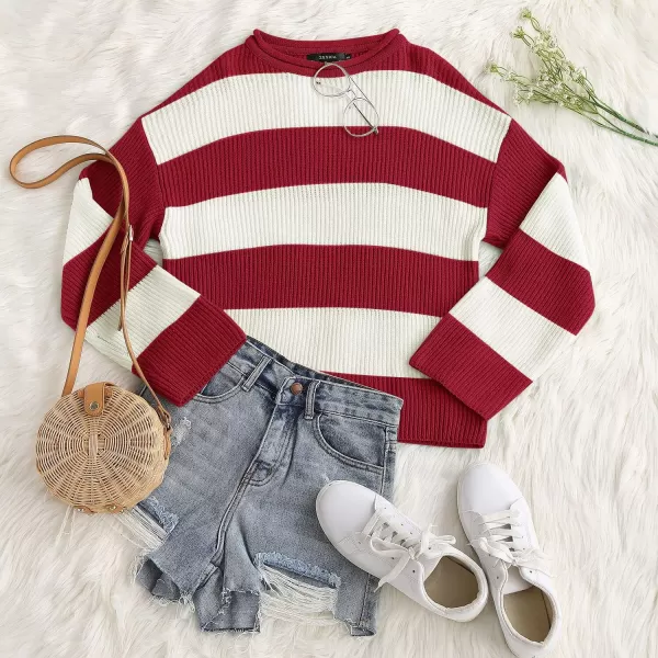 imageZESICA Womens Long Sleeve Crew Neck Striped Color Block Comfy Loose Oversized Knitted Pullover SweaterRed