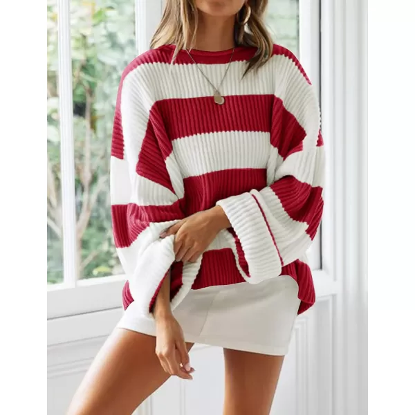 imageZESICA Womens Long Sleeve Crew Neck Striped Color Block Comfy Loose Oversized Knitted Pullover SweaterRed