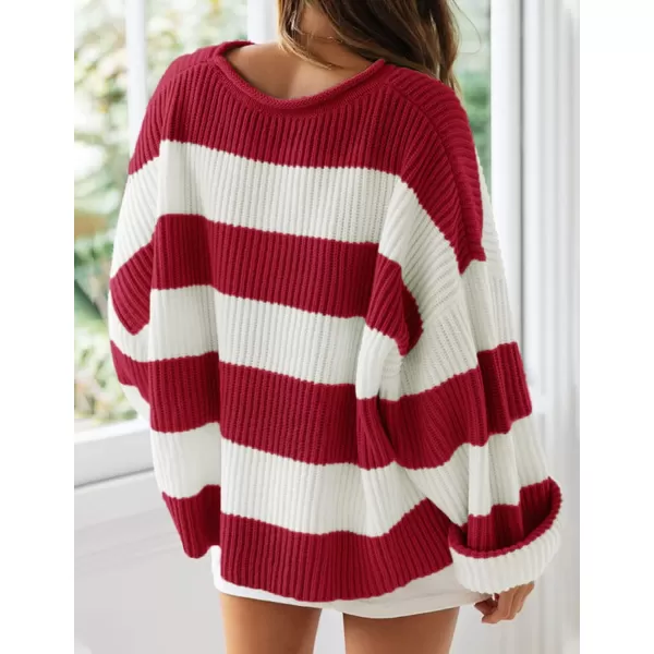 imageZESICA Womens Long Sleeve Crew Neck Striped Color Block Comfy Loose Oversized Knitted Pullover SweaterRed