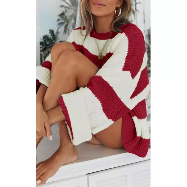 imageZESICA Womens Long Sleeve Crew Neck Striped Color Block Comfy Loose Oversized Knitted Pullover SweaterRed