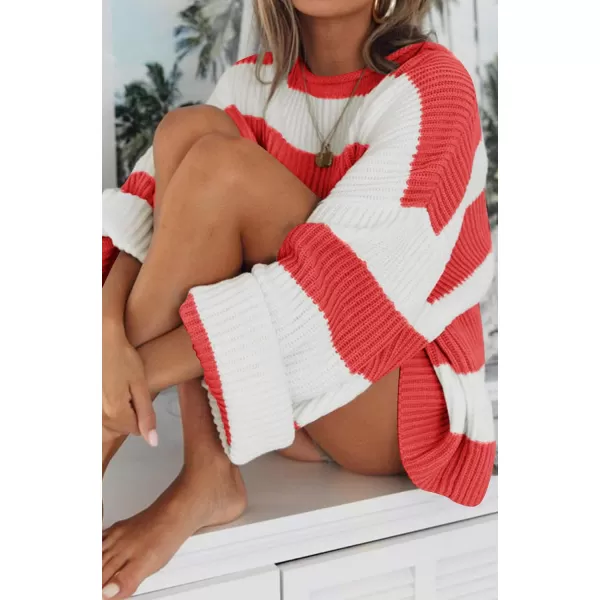 imageZESICA Womens Long Sleeve Crew Neck Striped Color Block Comfy Loose Oversized Knitted Pullover SweaterWatermelon