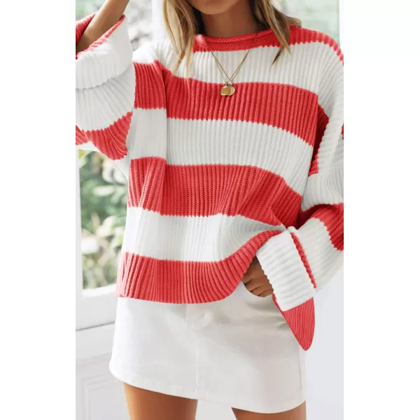imageZESICA Womens Long Sleeve Crew Neck Striped Color Block Comfy Loose Oversized Knitted Pullover SweaterWatermelon