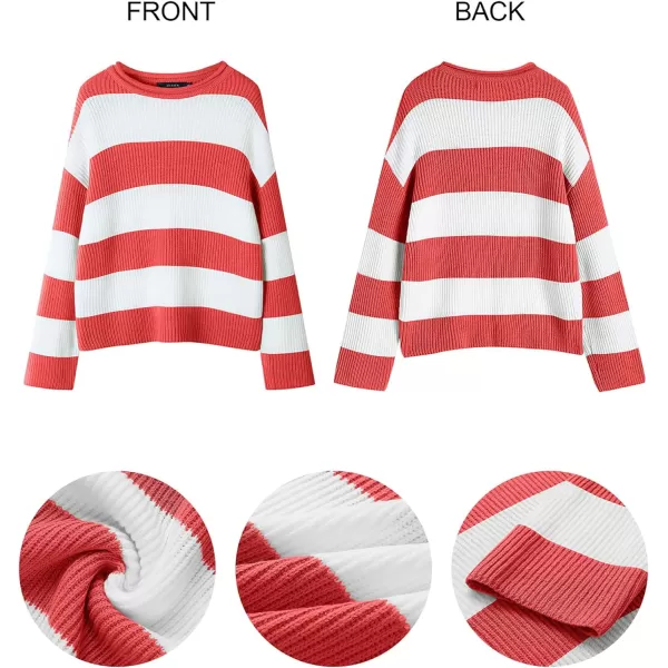 imageZESICA Womens Long Sleeve Crew Neck Striped Color Block Comfy Loose Oversized Knitted Pullover SweaterWatermelon