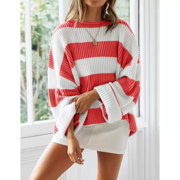 imageZESICA Womens Long Sleeve Crew Neck Striped Color Block Comfy Loose Oversized Knitted Pullover SweaterWatermelon