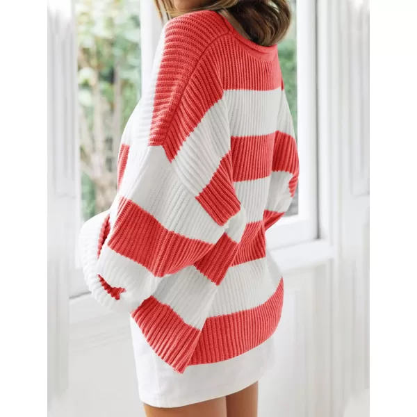 imageZESICA Womens Long Sleeve Crew Neck Striped Color Block Comfy Loose Oversized Knitted Pullover SweaterWatermelon