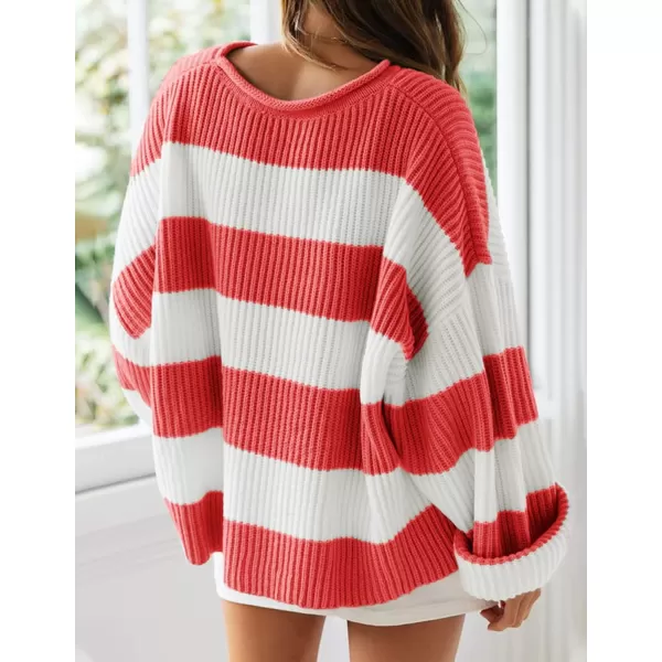 imageZESICA Womens Long Sleeve Crew Neck Striped Color Block Comfy Loose Oversized Knitted Pullover SweaterWatermelon
