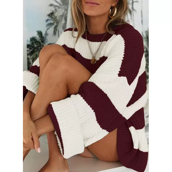 imageZESICA Womens Long Sleeve Crew Neck Striped Color Block Comfy Loose Oversized Knitted Pullover SweaterWine