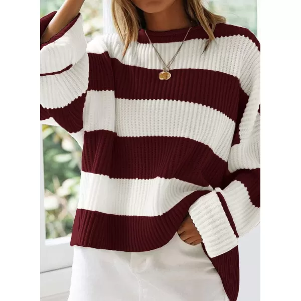 imageZESICA Womens Long Sleeve Crew Neck Striped Color Block Comfy Loose Oversized Knitted Pullover SweaterWine