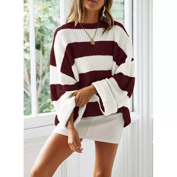 imageZESICA Womens Long Sleeve Crew Neck Striped Color Block Comfy Loose Oversized Knitted Pullover SweaterWine