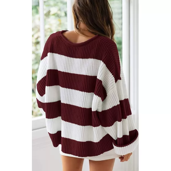 imageZESICA Womens Long Sleeve Crew Neck Striped Color Block Comfy Loose Oversized Knitted Pullover SweaterWine