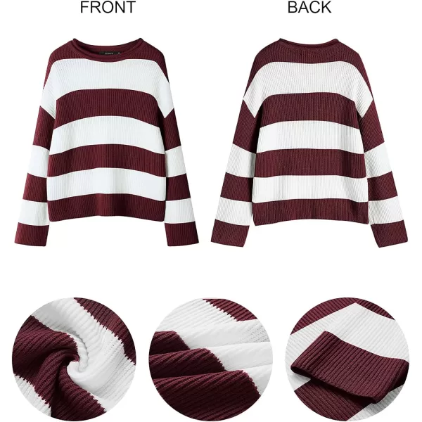 imageZESICA Womens Long Sleeve Crew Neck Striped Color Block Comfy Loose Oversized Knitted Pullover SweaterWine