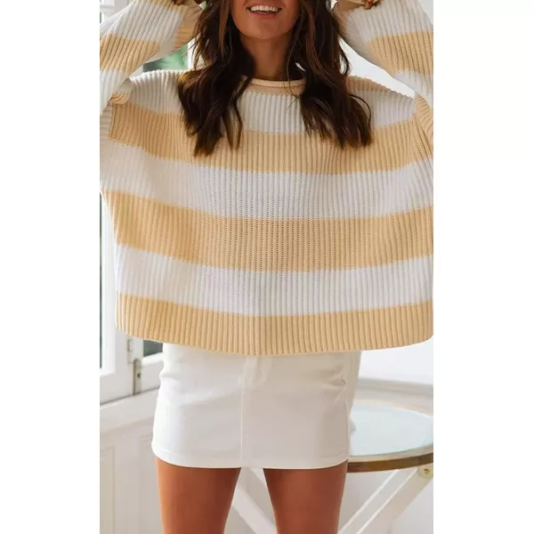 imageZESICA Womens Long Sleeve Crew Neck Striped Color Block Comfy Loose Oversized Knitted Pullover SweaterYellow
