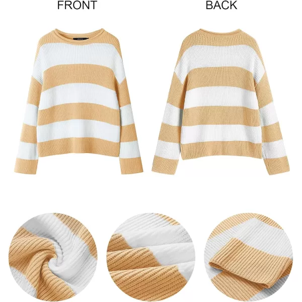 imageZESICA Womens Long Sleeve Crew Neck Striped Color Block Comfy Loose Oversized Knitted Pullover SweaterYellow