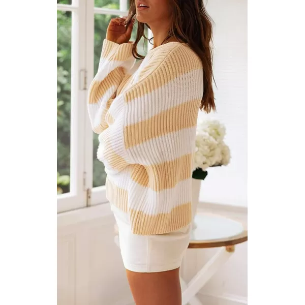 imageZESICA Womens Long Sleeve Crew Neck Striped Color Block Comfy Loose Oversized Knitted Pullover SweaterYellow