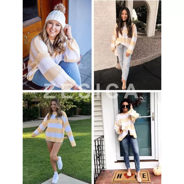 imageZESICA Womens Long Sleeve Crew Neck Striped Color Block Comfy Loose Oversized Knitted Pullover SweaterYellow
