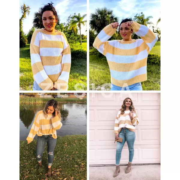 imageZESICA Womens Long Sleeve Crew Neck Striped Color Block Comfy Loose Oversized Knitted Pullover SweaterYellow