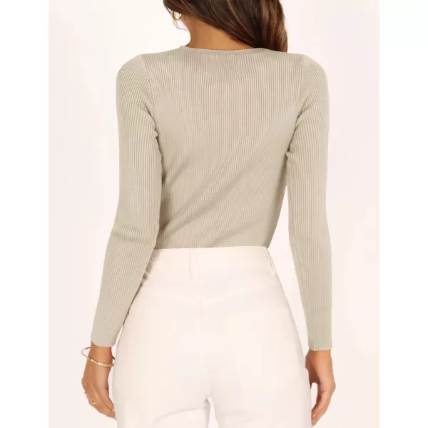 imageZESICA Womens Long Sleeve Crewneck Shirts 2023 Fall Clothes Ribbed Knit Sweater Slim Fitted Casual Basic Tee TopsAlmond