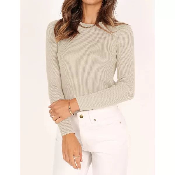 imageZESICA Womens Long Sleeve Crewneck Shirts 2023 Fall Clothes Ribbed Knit Sweater Slim Fitted Casual Basic Tee TopsAlmond
