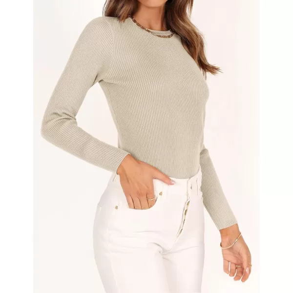 imageZESICA Womens Long Sleeve Crewneck Shirts 2023 Fall Clothes Ribbed Knit Sweater Slim Fitted Casual Basic Tee TopsAlmond