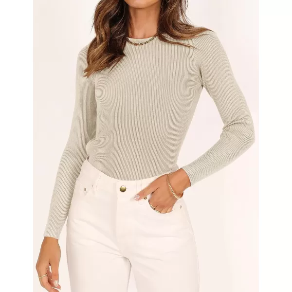 imageZESICA Womens Long Sleeve Crewneck Shirts 2023 Fall Clothes Ribbed Knit Sweater Slim Fitted Casual Basic Tee TopsAlmond
