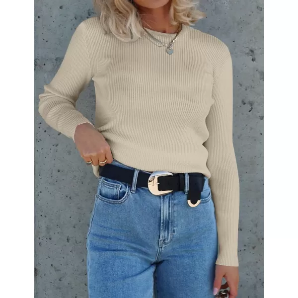 imageZESICA Womens Long Sleeve Crewneck Shirts 2023 Fall Clothes Ribbed Knit Sweater Slim Fitted Casual Basic Tee TopsAlmond