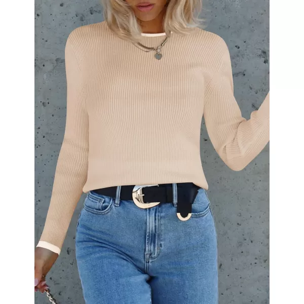 imageZESICA Womens Long Sleeve Crewneck Shirts 2023 Fall Clothes Ribbed Knit Sweater Slim Fitted Casual Basic Tee TopsApricot
