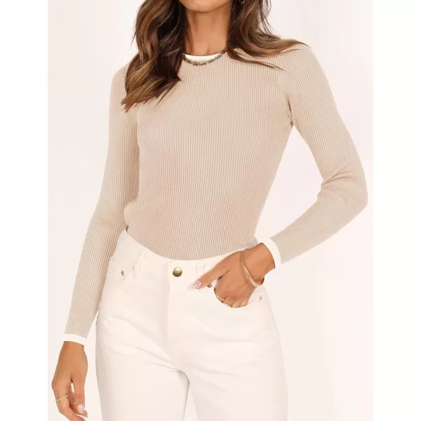 imageZESICA Womens Long Sleeve Crewneck Shirts 2023 Fall Clothes Ribbed Knit Sweater Slim Fitted Casual Basic Tee TopsApricot